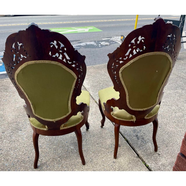 Mid 19th Century John Belter Style Laminated Rosewood High Relief Victorian Side Chairs a Pair For Sale - Image 4 of 12