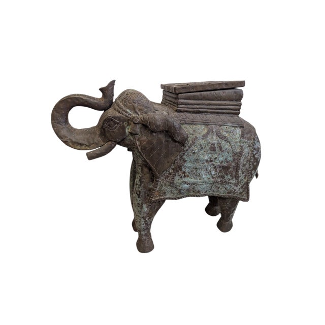 Vintage Hand-Carved Wood Elephant With Hammered Bronze Cladding and Interior Storage For Sale - Image 12 of 12