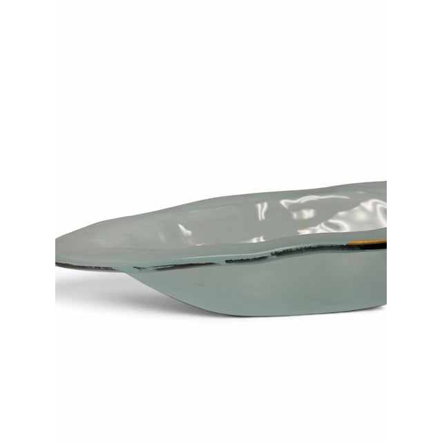 Robin's Egg Blue Signed 1991 Studio Art Glass Freeform Frosted Sage Green Centerpiece Bowl For Sale - Image 8 of 8
