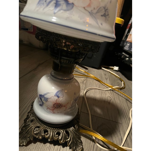 Antique Milk Glass Hurricane Double-Stacked Table Lamp W/ Blue & Pink Hand Painted Florals For Sale - Image 11 of 11