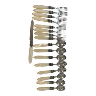 Mid 20th Century Stainless Steel Eme Inox Napoleon Flatware Set, Made in Italy From 18/10 Pearlized Acrylic Handler/Pearl Ivory Set for 8- 17 Pieces For Sale