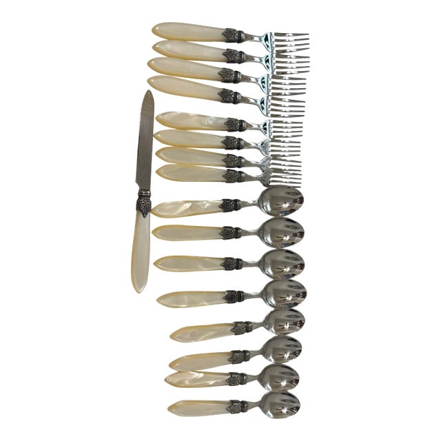 Mid 20th Century Stainless Steel Eme Inox Napoleon Flatware Set, Made in Italy From 18/10 Pearlized Acrylic Handler/Pearl Ivory Set for 8- 17 Pieces For Sale