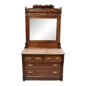 Antique Eastlake Victorian Burl Walnut Marble Top Washstand Dresser W/ Mirror
