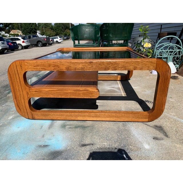 MidCentury Modern Lou Hodges Oak Coffee Table With Inset Glass Top