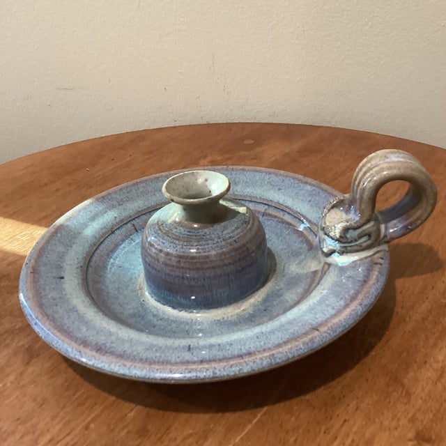 Vintage Studio Pottery Handcrafted Stoneware Glazed Candle Holder W/Attached Drip Plate Signed For Sale - Image 12 of 12