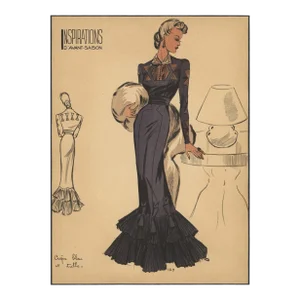 1940s Rare Large Mid-Century French Fashion Design Print, Evening Dress, Matted