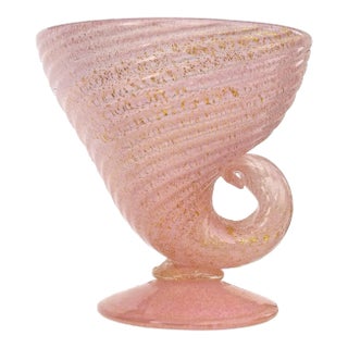 Vintage Murano Barovier Toso Pink Gold Flecks Italian Art Glass Seashell Horn of Plenty Shape Footed Candy Dish Bowl For Sale