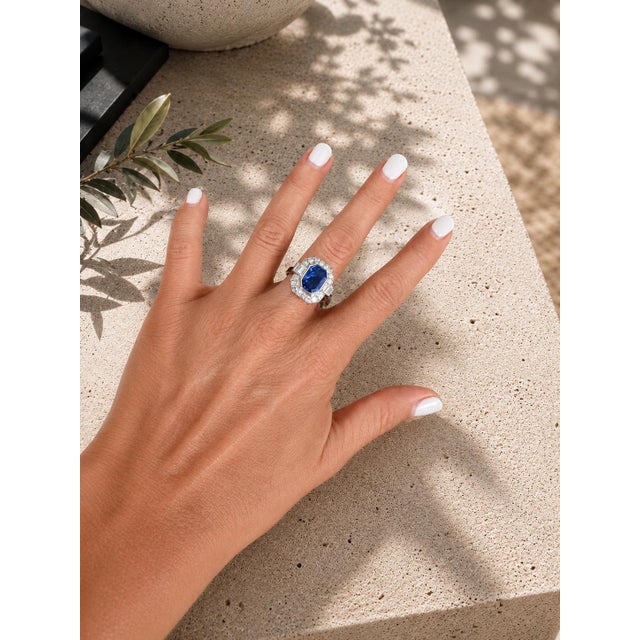 1930s Art Deco Platinum Ceylon Sapphire and Diamond Ring With Gia Certified 2.50 Carat, Size 7.5 For Sale - Image 14 of 14