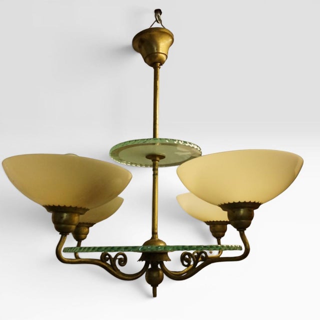 Metal Swedish Grace Brass Chandelier with Glass Discs by Harald Notini for Böhlmarks Sweden, 1930s For Sale - Image 7 of 10