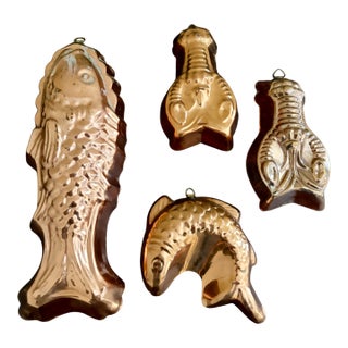 Collection of Four Coastal Copper Fish and Lobster Molds For Sale