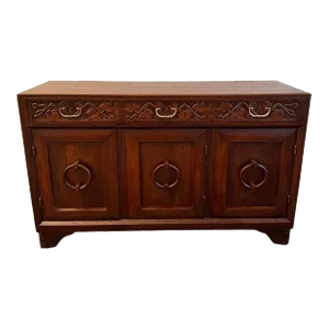 1940s Craftsman Carved Oak Sideboard Credenza by Old Hickory Furniture Company