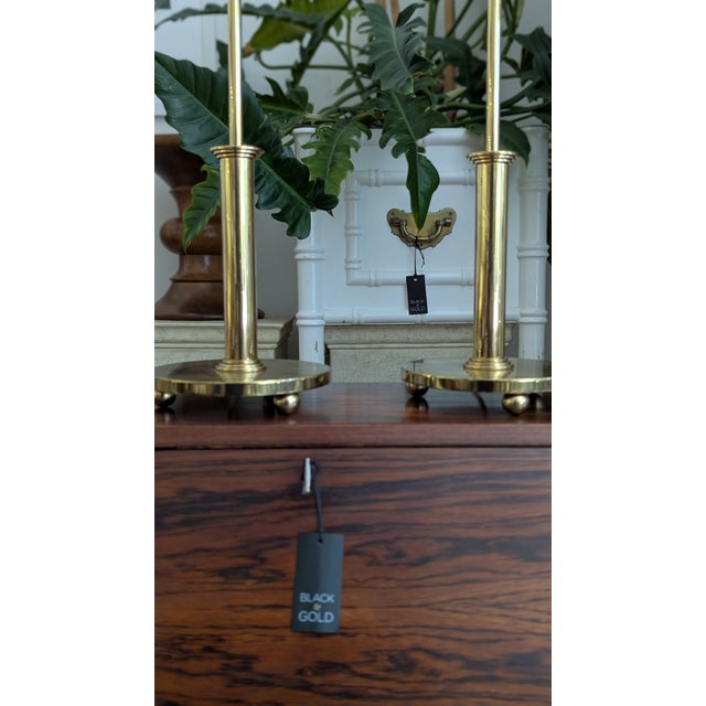 Brass Polished Brass Mid-Century Modern Table Lamps (Pair) With Stepped Base For Sale - Image 8 of 11