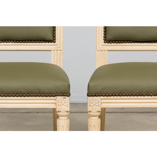 Antique French Louis XVI Style Painted Dining Chairs in Olive Green Leather - Set of 8 For Sale In New York - Image 6 of 18