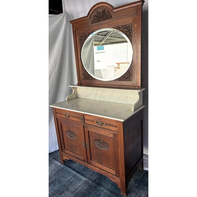 French Antique Oak Washstand / Vanity With a Marble Top, Oval Beveled Mirror, and Floral Carvings For Sale - Image 4 of 12
