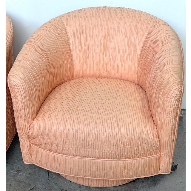 Pink Pair of Diminutive 1970s Pink Silk Channel-Quilted Swivel Club Chairs For Sale - Image 8 of 15