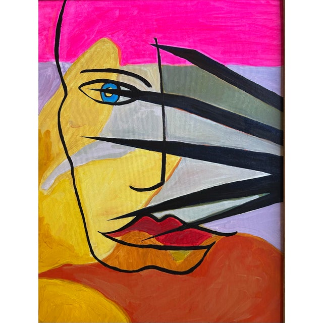 Abstract Painting of a Face With Blue Eye in Vintage Frame by Alexandra Brown For Sale - Image 4 of 7