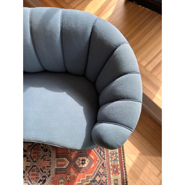 An original mid-century Danish banana sofa. Original soft blue wool upholstery still in-tact and in excellent condition....