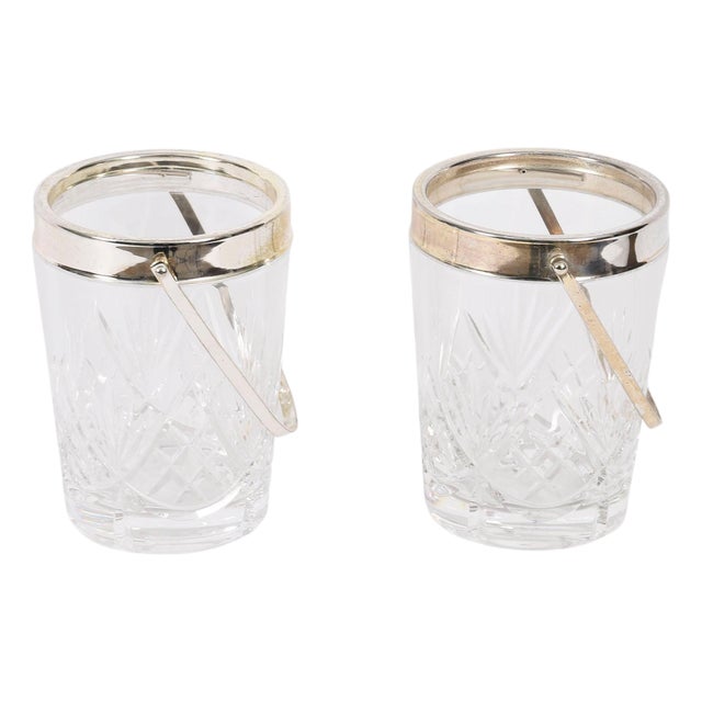 Mid-Century Silver-Plated and Crystal Ice Pail Buckets, Set of 2 For Sale