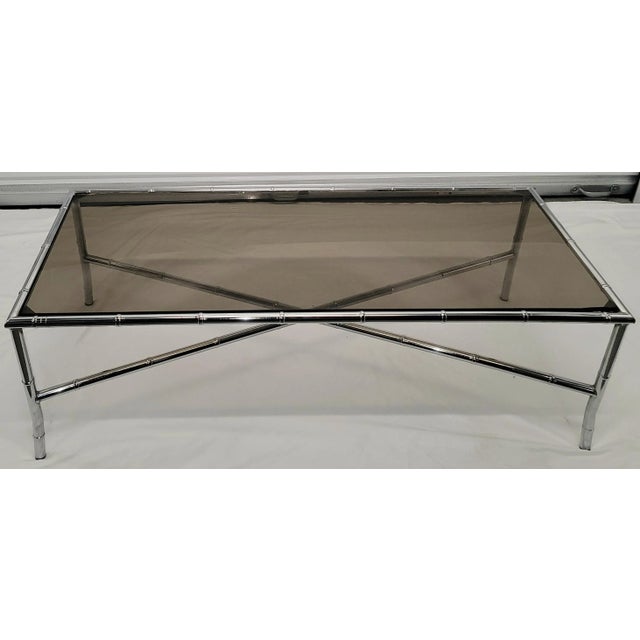 Mid-Century Modern Mid 20th Century Hollywood Regency Chrome Faux Bamboo and Smoked Glass Coffee Table For Sale - Image 3 of 11