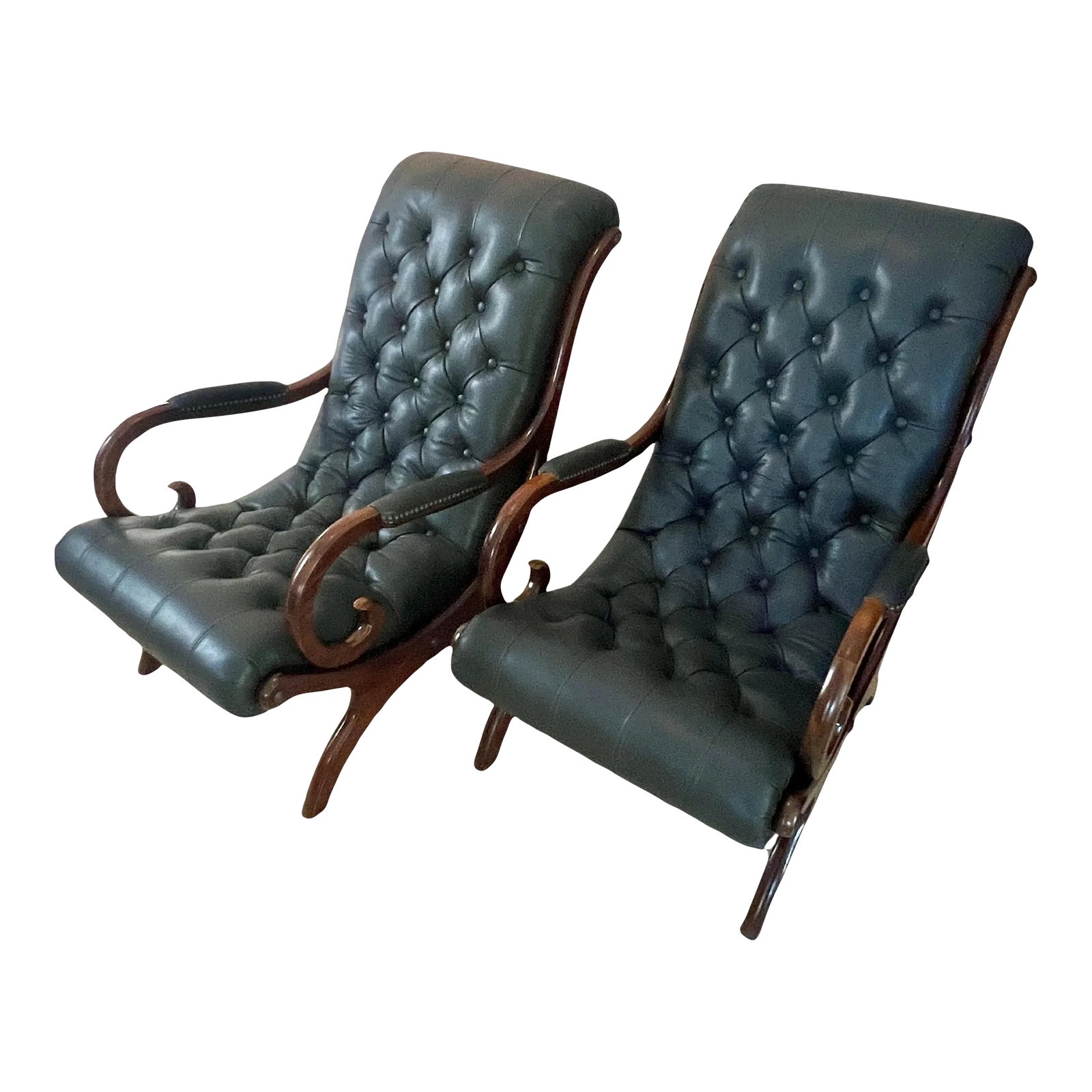 Pair of English Regency Lolling Chairs in Tufted Gray Leather | Chairish
