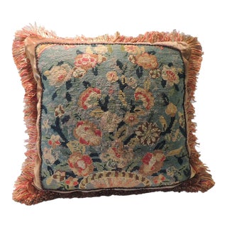 Vintage Needlepoint Red and Blue Decorative Square Pillow For Sale