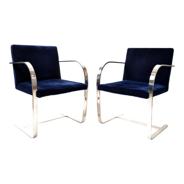 Mies Van Der Rohe for Knoll Stainless Steel Brno Chairs Blue Velvet 1977, Pair For Sale