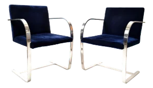 Mies Van Der Rohe for Knoll Stainless Steel Brno Chairs Blue Velvet 1977, Pair