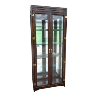 Vintage Campaign-Style Wood and Brass Lighted Curio Display Cabinet For Sale