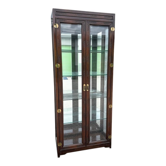 Vintage Campaign-Style Wood and Brass Lighted Curio Display Cabinet For Sale