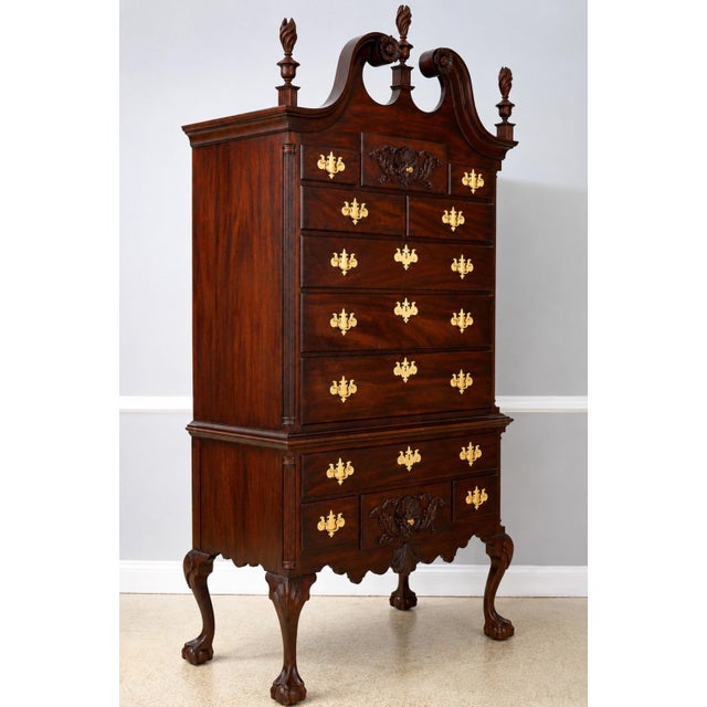 Age: c2007 Details: Rare Model Mahogany Flame Finials Key Locking w. Key Ball -N- Claw Feet Dovetailed Drawer Construction...