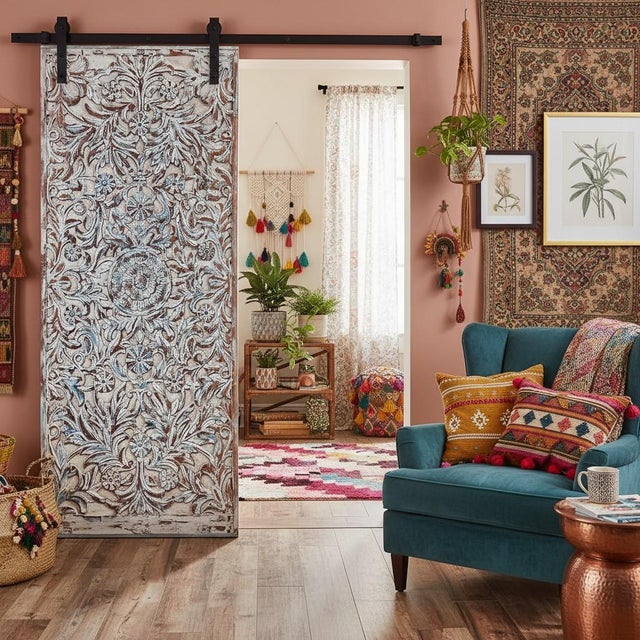 1920s Antique Blue Lotus Hand-Carved Wood Barn Door – Vintage Indian Wall Panel Decor 80 For Sale - Image 5 of 7