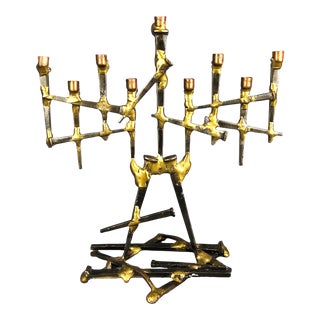 1960s Modernist Brutalist Black and Gold Menorah Candelabra 9 Arms For Sale