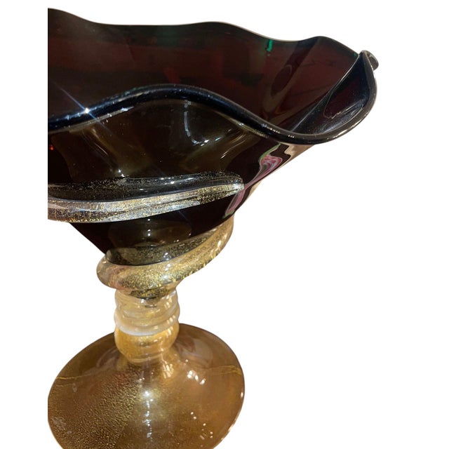 Italian Dark Amethyst Murano Glass & Gold Fleck Glass Compote. Signed by Camozzo. For Sale - Image 3 of 10