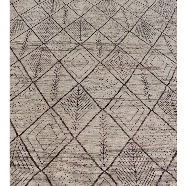 Tribal Large Modern Moroccan Hand-Knotted Rug W/ Tribal Diamond Design in Natural Tones 10'2 X 13'10 For Sale - Image 3 of 10