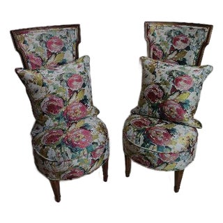 1950s Victorian Style Parlor Chair Wood Floral Design Cushion Set of 2 For Sale