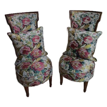1950s Victorian Style Parlor Chair Wood Floral Design Cushion Set of 2 For Sale