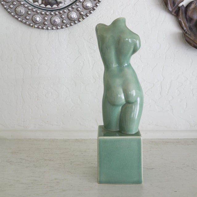 Mint Ceramic Nude Female Sculpture on Plinth With Sage Green Glaze For Sale - Image 8 of 18