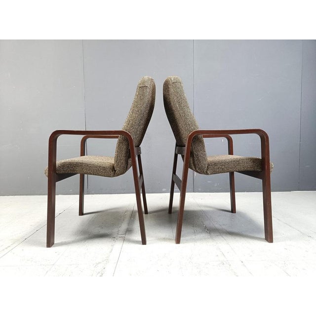 Vintage bent plywood armchairs with thick grey fabric cushions by AZ Zeitler, made in Germany. Very comfy chairs with a...