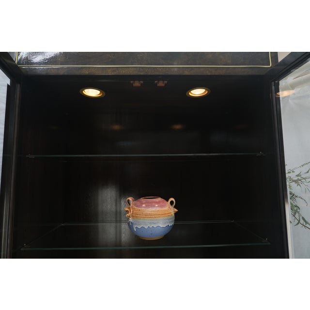 Pair of Dark Burl Wood Lighted Display Curio Cabinets Vitrines Mastercraft MINT For Sale - Image 15 of 18