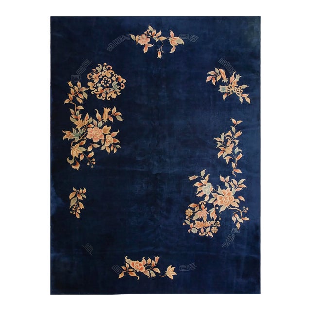1920s Navy Blue Open Field Floral Antique Chinese Art Deco Carpet 8'10" X 11'9" Knotted Wool Rug For Sale