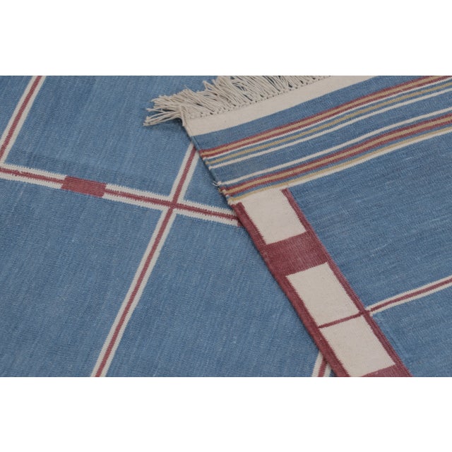 Textile Rug & Kilim’s Indian Dhurrie Rug in Blue, Red and Ivory Geometric Stripes For Sale - Image 7 of 9