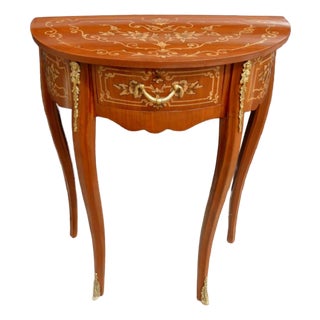 French Demi-Lune Accent Side Table With Marquetry Inlay, Brass Hardware & Gold Leaf Details For Sale