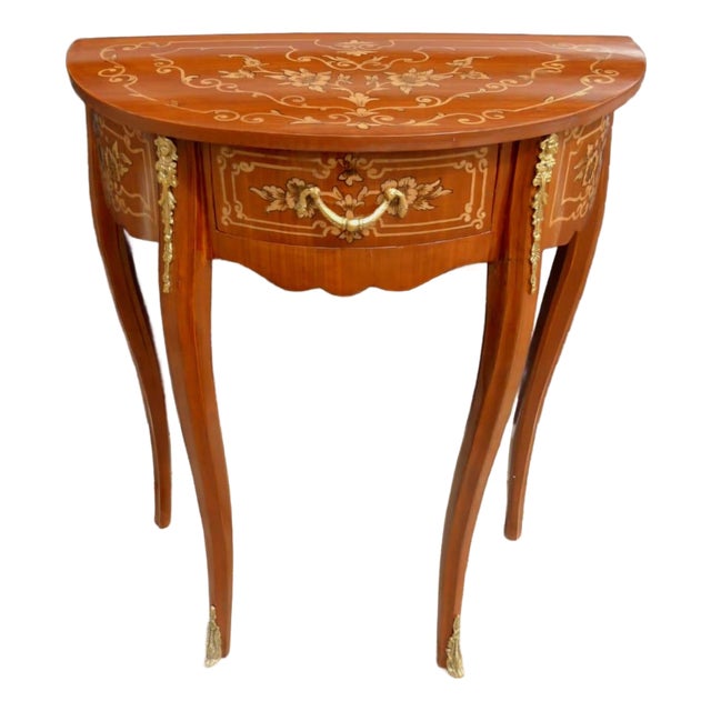French Demi-Lune Accent Side Table With Marquetry Inlay, Brass Hardware & Gold Leaf Details For Sale