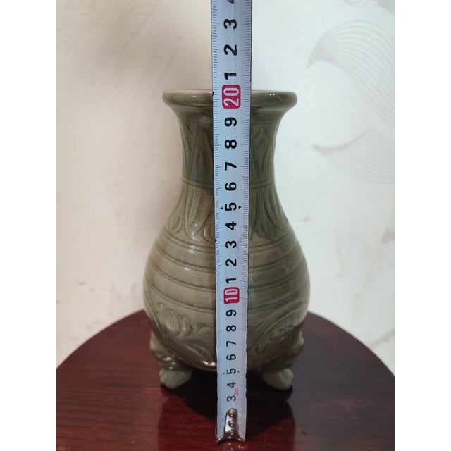 Chinese Ceramic Censer Hand Carved Yaozhou Ware Celadon Three Legs Censer For Sale - Image 10 of 12