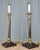 Pair of handsome candlestick motif lamps. Polished brass, leather wrapped uprights and bases with marble trim. Retain made...
