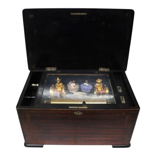 Chinese rosewood cylinder music box with a figural automaton, attributed to circa 1890. The rectangular wooden case has a...