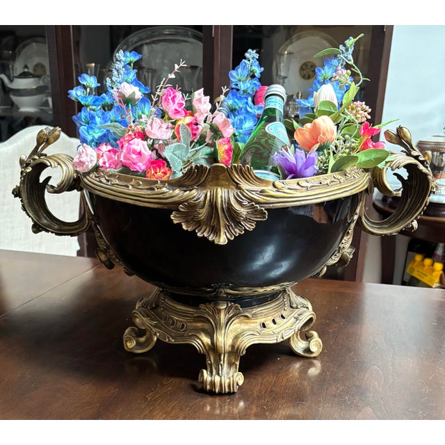 Vintage French Sevres style jardiniere with bronze and black porcelain. 23”x 9". Weighs 30lbs. Bronze floral scroll with...