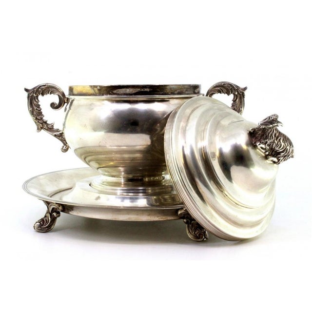 Silver Bonbon Jar on a Removable Plate with Goat-Shaped Knob Lid, Friezes and Raised Feet, in Good conditions. Designed...