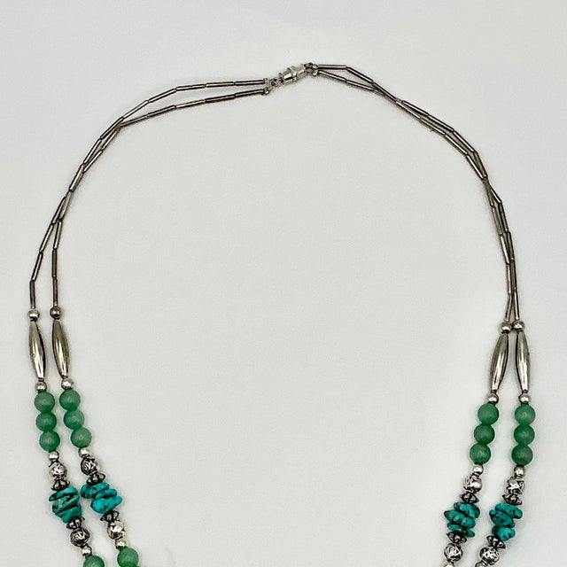 1970s Vintage Southwestern Mexican Boho Chic Double Strand Sterling, Turquoise & Jade Necklace For Sale - Image 10 of 18