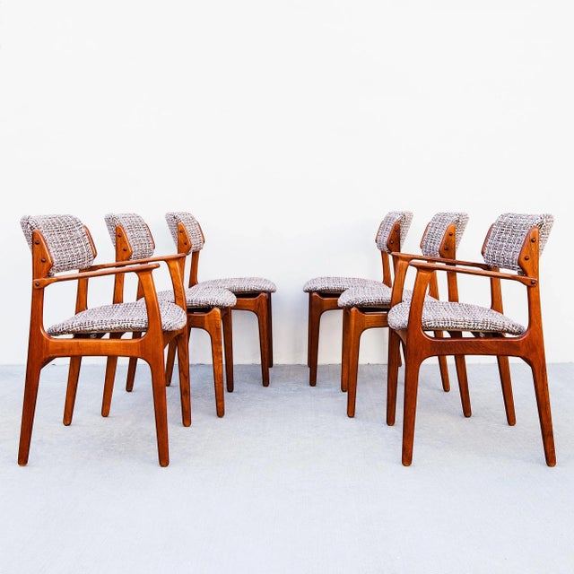 Restored set of 6 mid century modern solid teak dining chairs, designed by Erik Buck (Buch) and made in Denmark by OD...